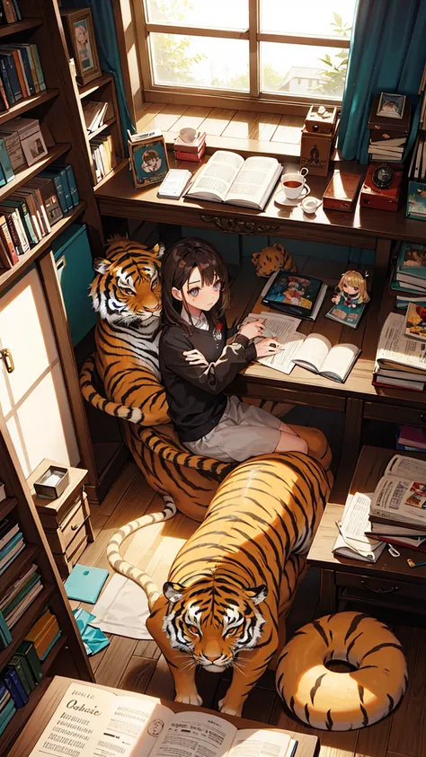 woman, tiger, aniaml, doll, cute, small, one room, warm, studying, books, coffee