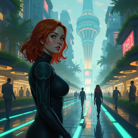 Depict Emma as she steps into the heart of the virtual city, now fully immersed in this futuristic world. Emma is a thoughtful and determined young woman with shoulder-length, wavy auburn hair, piercing green eyes, and a confident posture. She wears a slee...