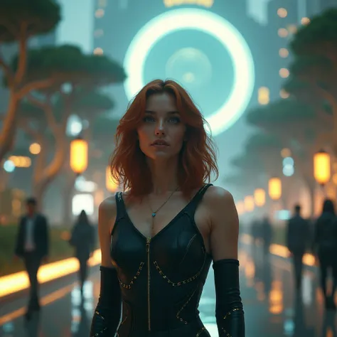 Depict Emma as she steps into the heart of the virtual city, now fully immersed in this futuristic world. Emma is a thoughtful and determined young woman with shoulder-length, wavy auburn hair, piercing green eyes, and a confident posture. She wears a slee...