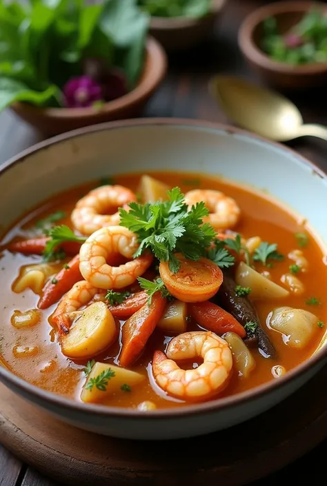 A stew of seafood and fresh fish, cooked with coconut milk, ginger, and served with palm rice