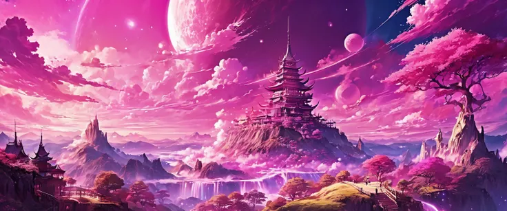 anime fantasy world magic full color,imaginary world,Pink tones