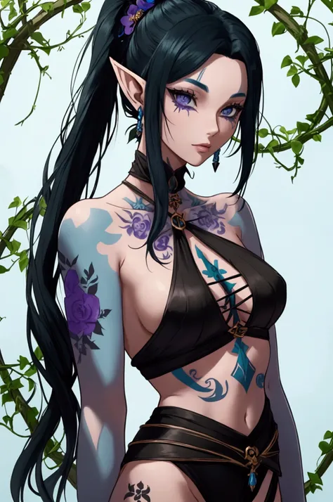 adult elf with light blue skin and black hair, she has a pretty face, she wears a ponytail, all over his body he has purple tattoos in the shape of vines, with a flower on her left arm, she has a serious but very pretty face