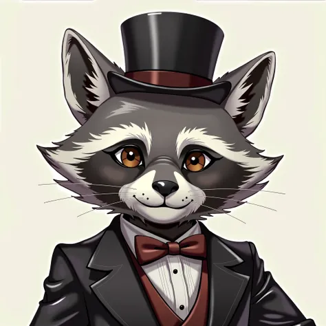 headshot of a gray-skinned anthropomorphic raccoon, closed smile, He has brown eyes, grey ears, he is dressed in a top hat and suit, high quality furry art, high quality fursona ref.