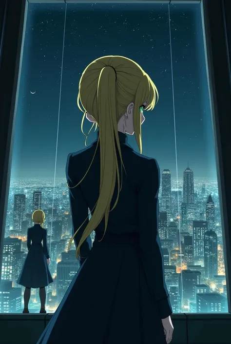 The image is anime style cowboy bebop and Darker than black with shadows and dim lights, anime style although somewhat adult and dark, It shows a 2 adult female android., with long blonde hair tied back in a ponytail, and green eyes, She is standing in fro...