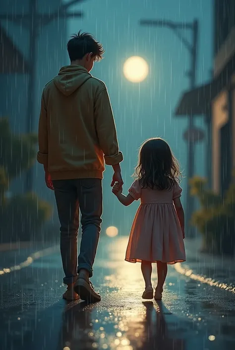 visual image or photograph.moonlit night with a 
hight brother and a shot cute sister walking in the rain.highlight the depth of field and quality, conveying a sense of happiness and a good life despite the rainy weather.