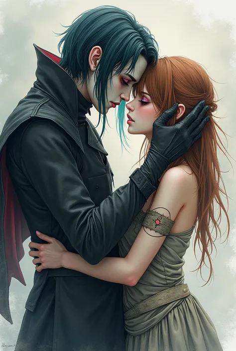 Watercolor slave girl with violet eyes and turquoise hair, fat dark circles under her eyes, dirty rags kissing a vampire of high rank, he has wood brown hair and red eyes, pale skin and sharp teeth that peek out, their hands are on each other&#39;s heads, ...