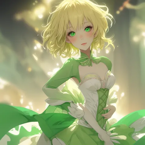 draw an 1 woman, White skin, bright green eyes short wavy hair, blonde, harlequin costume, small bust, short hair, happy, High resolution, looking at the viewer, blush, alone