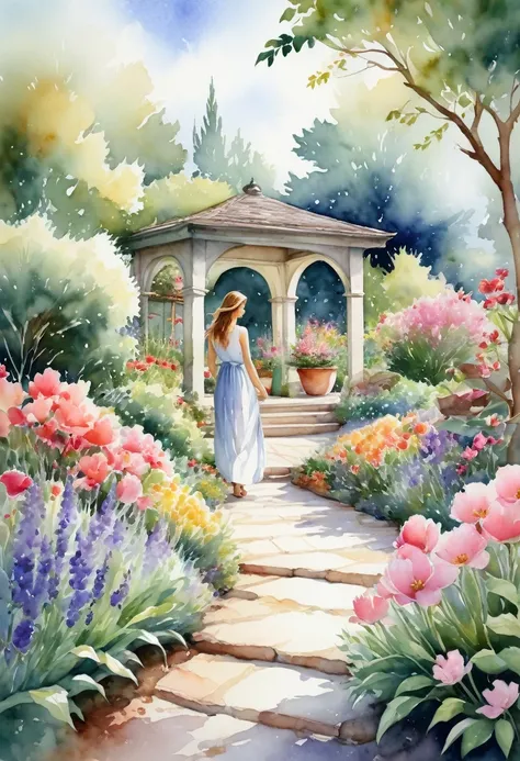 A gentle watercolor image of a garden in full bloom, with vibrant flowers and a sense of peace and relaxation. not woman.