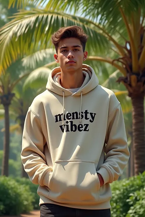 A young man wearing a hoody name on the hoody is MENSTY VIBEZ standing under the coconut plantation 