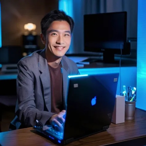 a smiling man in his 30s wearing a suit and sitting at a table with a laptop, laptop on your lap, in front of the computer, work...