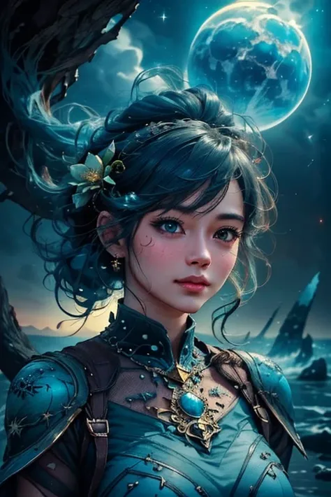 New planet, ((Full Shot:1.4)), ((Super detailed:1.5)), Light reflects on the water:1.2, Idyllic, dream-like, Fantasy, Dark Environment、Soft moonlight reflecting on the water, Ultra-Real 8K, Portraiture, Very detailed32kデジタルアート, Beautiful digital art, (( Bl...