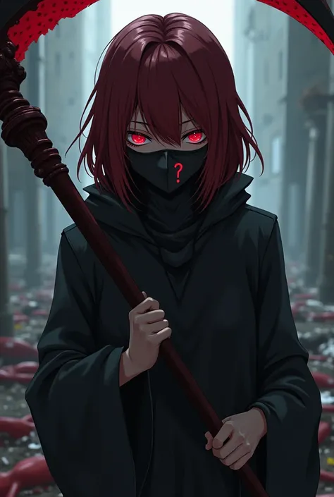 anime character with dark red hair and investigator clothes and a mask with a question mark with glowing eyes and terror with a scythe and helplessness that is an adult and has destroyed bodies inside and that has the hair of a Japanese