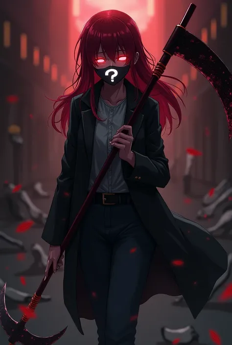 anime character with dark red hair and investigator clothes and a mask with a question mark with glowing eyes and terror with a scythe and helplessness that is an adult and has destroyed bodies inside and that has the hair of a Japanese