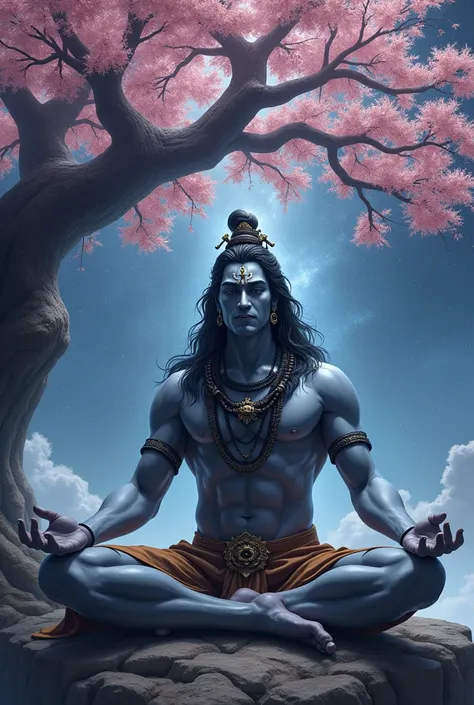 make a picture of lord Shiva, handsome, side view, background universe, lord Shiva grey colour skin, body with aura, body with aurora, handsome, blue glowing with 3rd eye, background colour universe , meditate under the cherry blossom tree, Mahadev, Shiv, ...