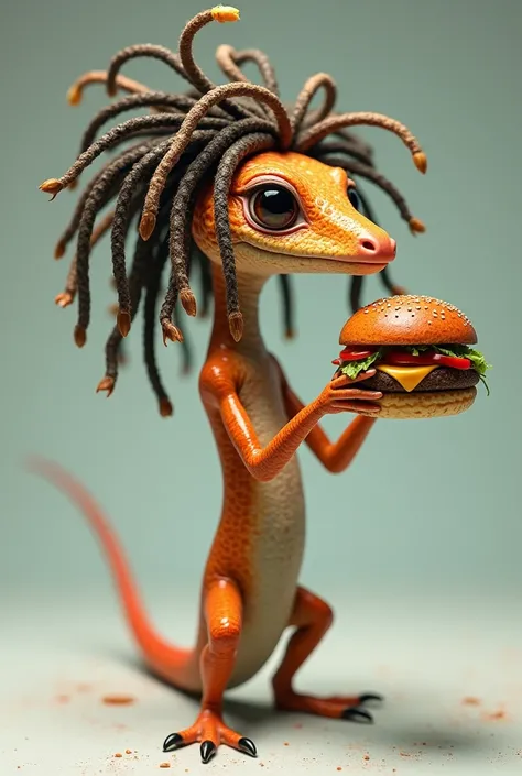 Skink with dreadlocks eating a hamburger 