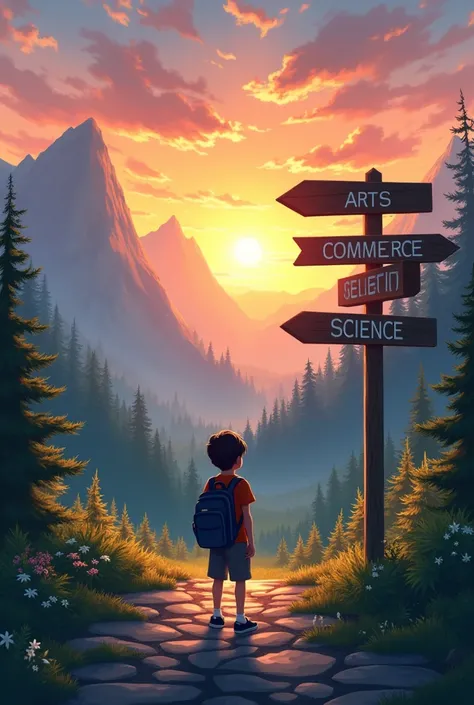 A beautiful sunrise in  over the mountain forest.and there are a boy with his school bag and he thinks where he was go and there is many way like ,Arts , commerce, science ,in the board sign with arrow 