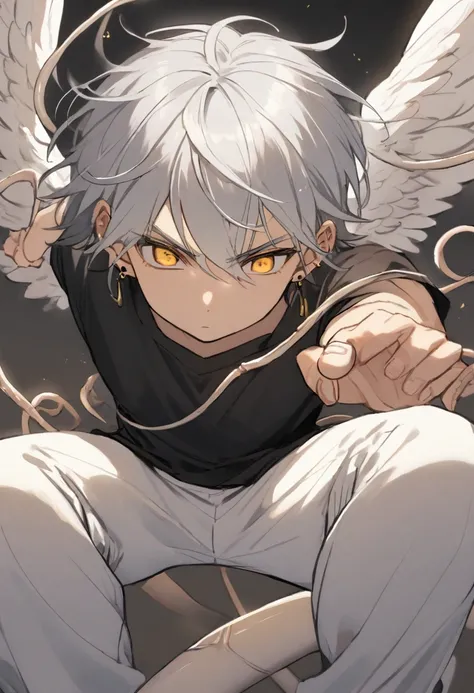 A man in a loose black shirt, a pair of white sports pants, an umbilical cord, silver hair, gold eyes, 2 earrings, and is fighting against angels