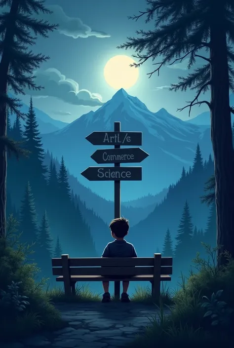 A beautiful full moon night in  over the mountain forest.and there are a boy sit-down on a bench lonely and he thinks where he was go and there is many way like ,Arts , commerce, science ,in the board sign with arrow 