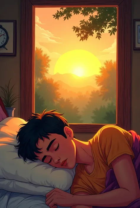 Character based on indian village. 22 year boy sleeping  on  bed  their family is middle class and sunrise from view froom window waiting for chai in disney cartoon and sudden alarm clock start and he wakeup quick

