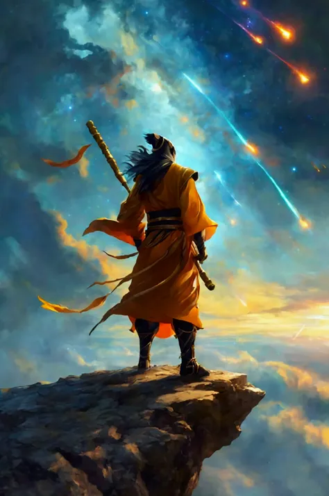 a black myth wukong，holding the diamond rod in his hand and carrying it on his shoulder，back view standing on the edge of the cl...