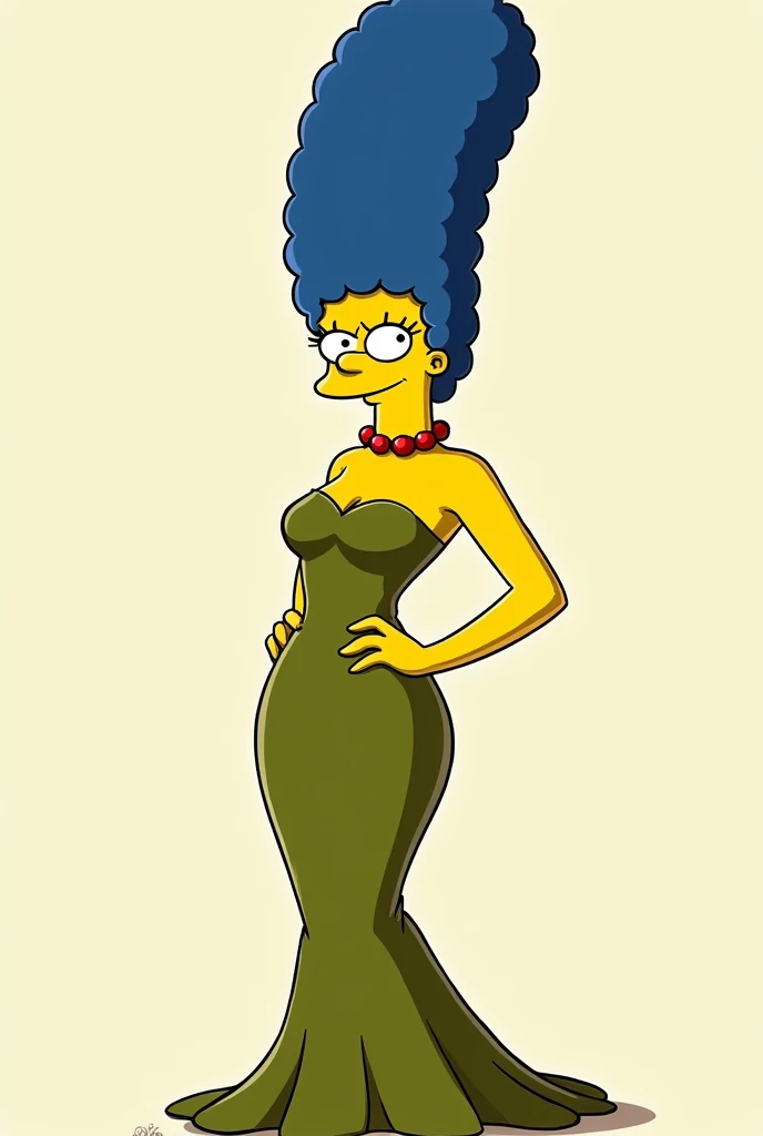 Marge Simpson Olive Green Dress, cartoon high heel shoe smile closed mouth, sexy and daring