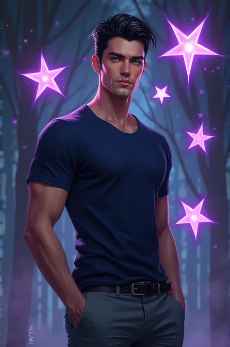 A medium-sized white adult male with a short, sleek black quiff, green eyes a dark blue t-shirt tucked into gray pants, 5 medium sized purple shining stars around it 