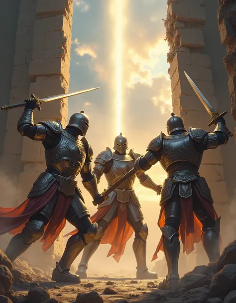 three armored warrior, two holding swords, one holding hammer, smashing wall,light of heaven, out view