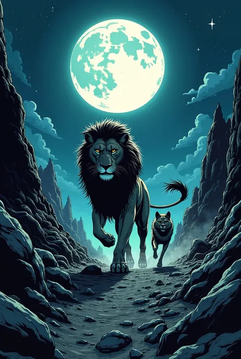 A hyena running in fear along with a strong and fearless lion, the scene is already night, the sky has a huge moon, bright stars and strong winds, there are no trees in the scene, just rocks, I want the scene to be dramatic and create a sense of suspense, ...