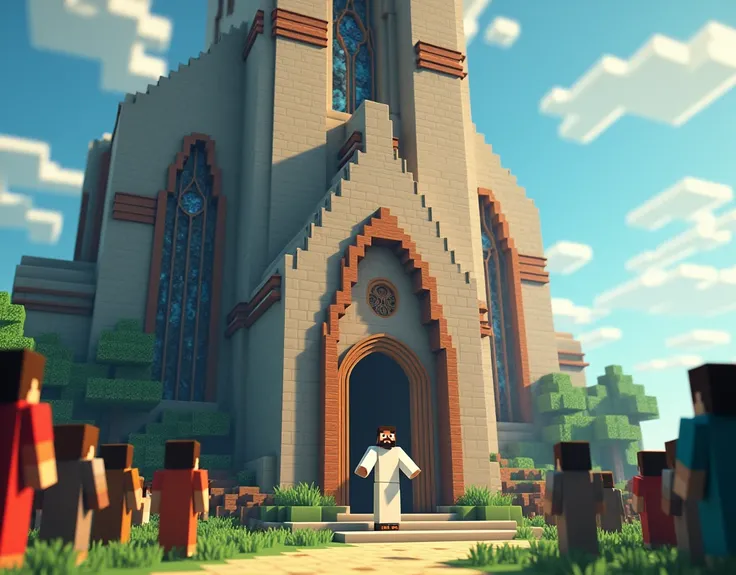 We need an image that is similar to minecraft in which a Jesus is standing at the gate of a church. Minecraft image