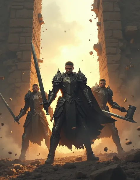 three armored warrior, two holding swords, one holding hammer, smashing wall,light of heaven,landscape view