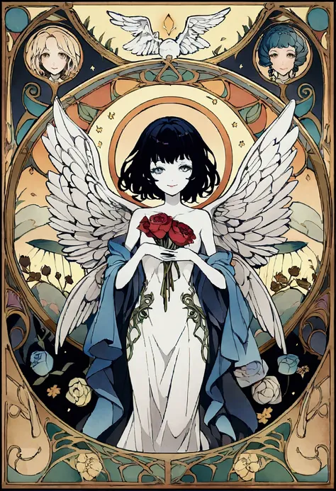 Extremely detailed and vibrant watercolors, Angel, Female image, short hair, Gentle eyes, Smile, flower, Detailed cover art, With wings, Holy Aura, Picking Roses, アルフォンス・マリア・a lot ofとギュスターヴ・キルムートのスタイル, Accents Art Nouveau, アルフォンス・a lot of, Gustavo Klimt, P...