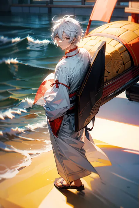 1male, Adult Male, White Eyes. White Hair, Wrinkles, Hunched Back, Turtle Shell on Back, Beach, Sandals, Smile, Chinese Outfit