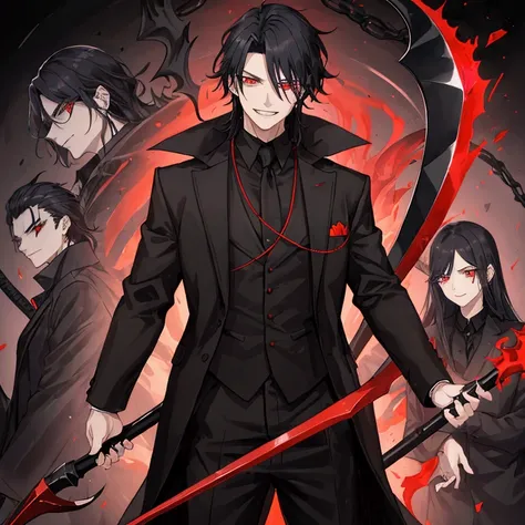 A man in a black jacket, black baggy pants and red eyes, Grinning, man in black clothes with red eyes holding a scythe, strong and powerful man with black hair and red eyes, mystical aspect, big, voluminous hair back