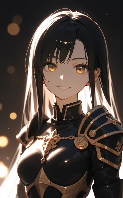 score_9,score_8_up,score_7_up,source_anime,year 2023,1girl,solo,gold and black theme,strong picture,upper body,warm smile,long black hair,black dress,armor,{{{delicate and beautiful golden eye}}},underlighting,bokeh,blurry background,strong visual impact,f...