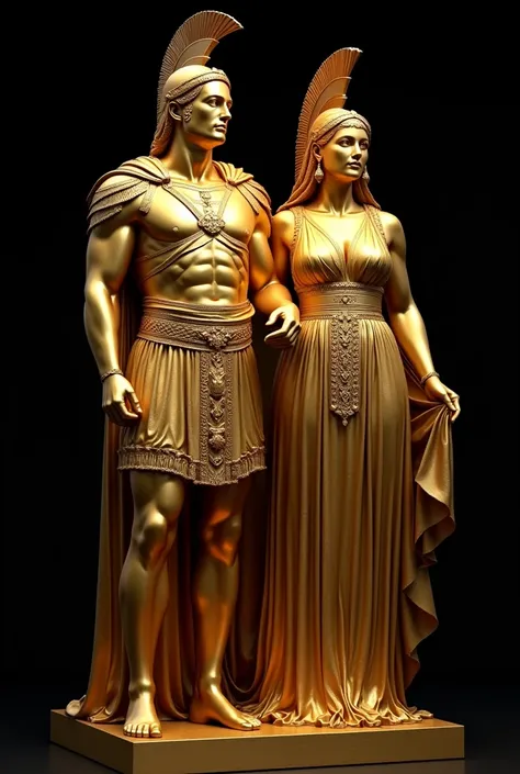 Gold statue of a man and women age 2, wearing formal suit and dress and wearing spartans helmet,whole body shot, black background, high quality, 4k resolution, intricate detailed