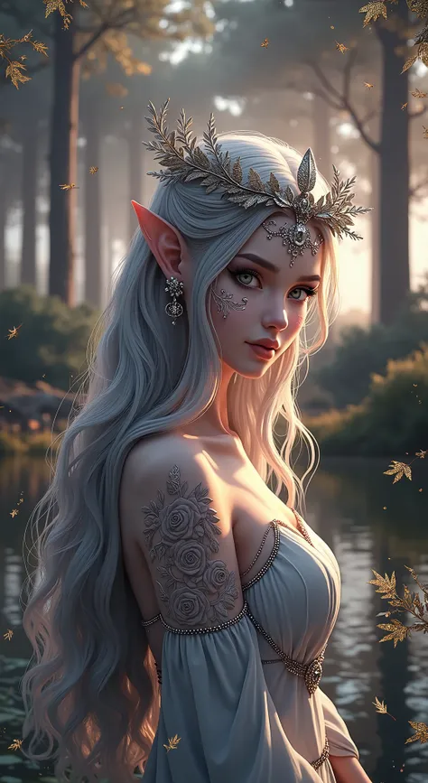 A 3D render of a modern anime style European elf woman with intricate, filigree-style tattoos on her face. She has long, wavy hair and wears a crown adorned with leaves. The elf woman is standing near a fairy pond in a forest during the evening. The backgr...