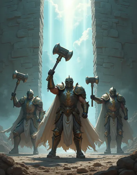 three armored warrior, one holding swords, two holding hammer, smashing wall,light of heaven,