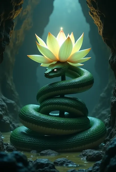 In a dark cave a large resplendent lotus guarded by a large green snake and its dark green scales, She has a white gem and it shines just like her eyes., The snake has white eyes without pupils and a neutral look., that the background is darker