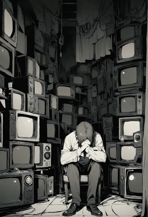 Boy sitting with several televisions around him looking depressed 