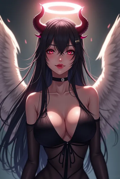 "A full-body portrait of a female demon with a gentle, mischievous smile. She is dressed in her usual light, transparent clothing that flows elegantly around her figure. She has prominent demonic horns and a glowing halo above her head, signifying her uniq...