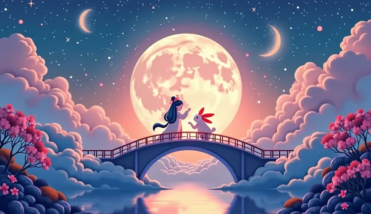 Chinese Mid-Autumn Festival poster design，Light tones，blue and violet，Dreamlike scene，warm color，Cloud Arch Bridge，Chang&#39;e and Moon Rabbit meet on the moon，Huge Moon，fireworks，Starry Sky，Strange composition，Rich details，top view，Telephoto，Chinese tradi...