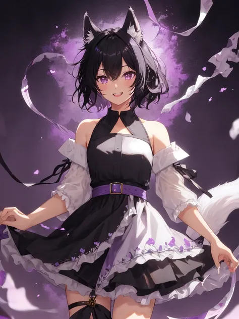 High resolution, Highest quality, Black hair, short hair, Purple eyes, canine teeth, delicate, male, cute, wolf ears and tail, full view, head to toe