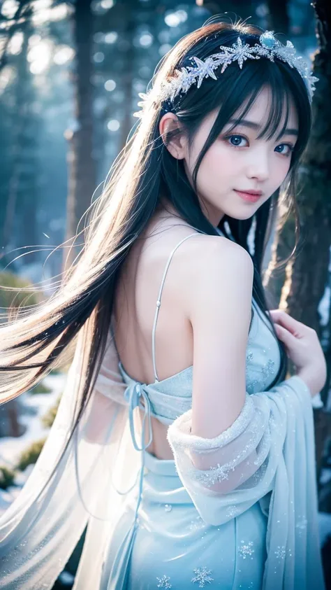 **Prompt:** Create an ultra-realistic 8K image of Yuki-onna, the snow spirit from Japanese folklore, reimagined as the ultimate fairy while retaining her iconic features. Yuki-onna is depicted with ethereal, translucent skin that glows softly with an icy b...