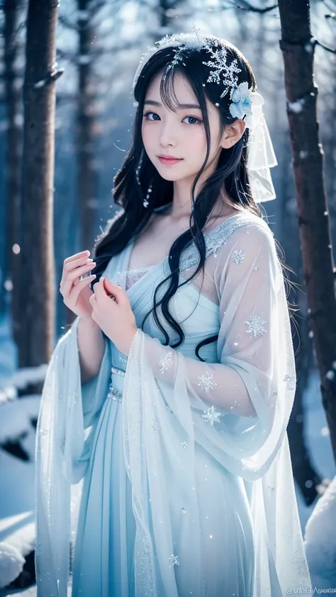 **Prompt:** Create an ultra-realistic 8K image of Yuki-onna, the snow spirit from Japanese folklore, reimagined as the ultimate fairy while retaining her iconic features. Yuki-onna is depicted with ethereal, translucent skin that glows softly with an icy b...