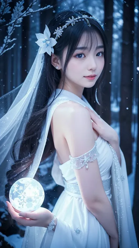 **Prompt:** Create an ultra-realistic 8K image of Yuki-onna, the snow spirit from Japanese folklore, reimagined as the ultimate fairy while retaining her iconic features. Yuki-onna is depicted with ethereal, translucent skin that glows softly with an icy b...