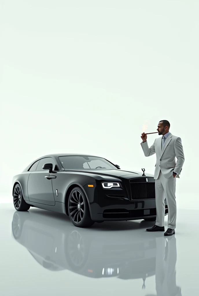 A black ghost type rolls Royce and with white background in glossy and a man with full white suit with cigar