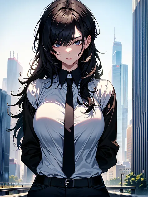 (Masterpiece、Ultra-high resolution、Detailed expression、Beautiful depiction、8k、Highest quality、Artwork:1.2)、(Giant:1.4)、Beauty、whole body、Beautifully detailed face、Over the city、A towering presence、Black Hair、business suit、White Shirt、Black pants、skyscraper