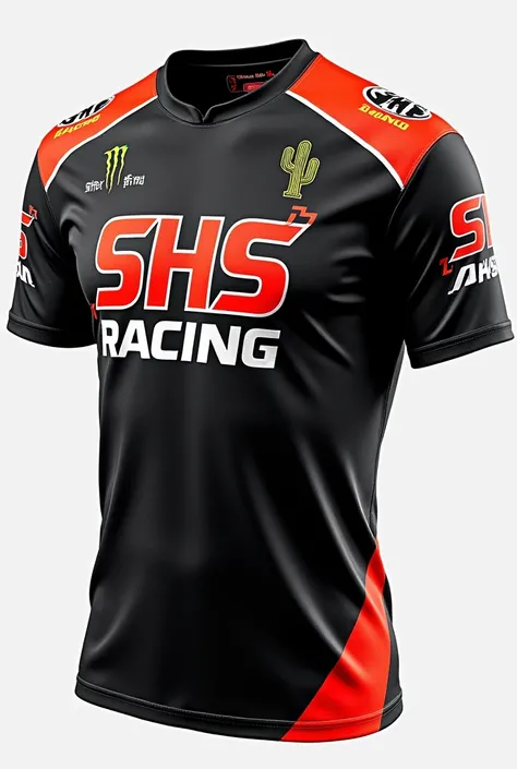 A motorcycle shirt that has SHS Racing Team with a small cactus in the upper right corner