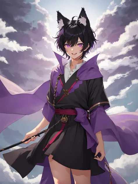 High resolution, Highest quality, Black hair, short hair, Purple eyes, canine teeth, delicate, male, cute, wolf ears and tail, full view, head to toe