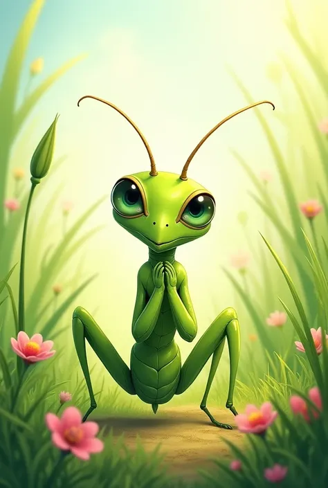 Praying Mantis　cute　Field background　Illustrated style